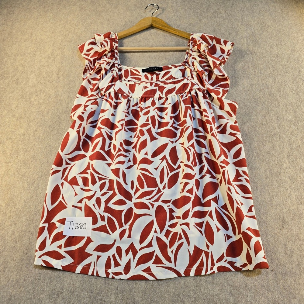 Sanctuary Womens Red White Leaf Print Ruffle Sleeve Square Neck Blouse Large